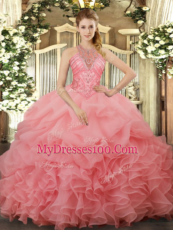 Exquisite Watermelon Red Halter Top Lace Up Beading and Ruffles and Pick Ups Quinceanera Gowns Sleeveless