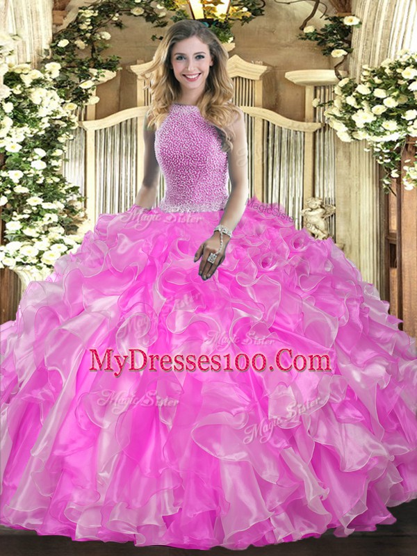 Ball Gowns Quinceanera Gown Rose Pink High-neck Organza Sleeveless Floor Length Lace Up