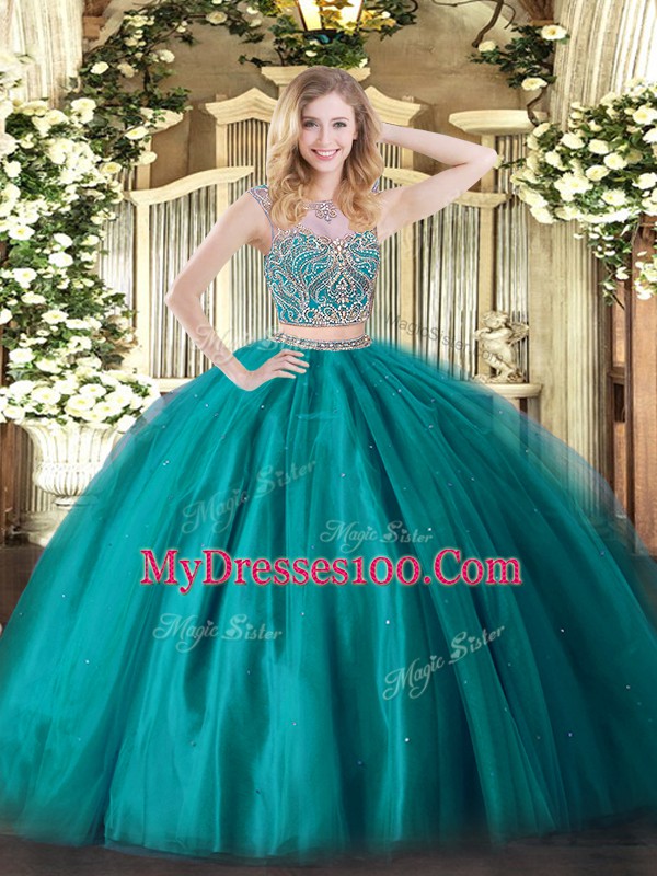 Beading Sweet 16 Dress Teal Lace Up Sleeveless Floor Length
