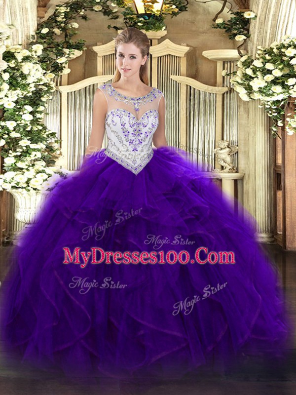 Cute Purple Ball Gowns Scoop Sleeveless Tulle Floor Length Zipper Beading and Ruffles Quinceanera Dress