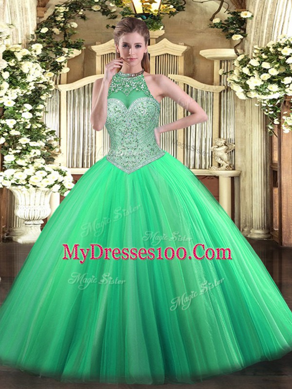 Fitting Tulle Halter Top Sleeveless Lace Up Beading Quince Ball Gowns in Green