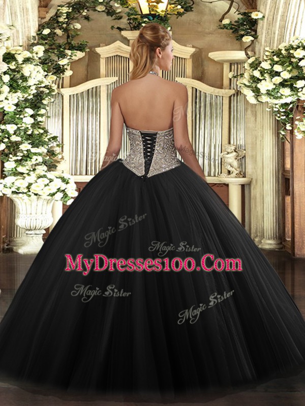 Fitting Tulle Halter Top Sleeveless Lace Up Beading Quince Ball Gowns in Green