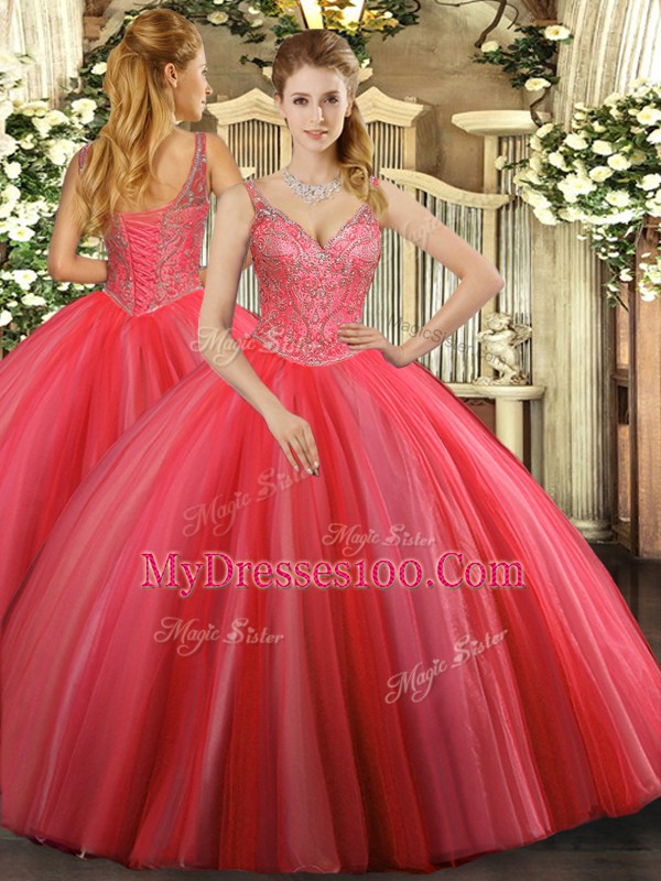 Delicate Coral Red Lace Up Sweet 16 Quinceanera Dress Beading Sleeveless Floor Length