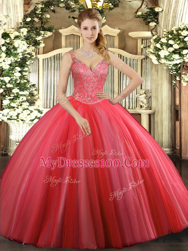 Delicate Coral Red Lace Up Sweet 16 Quinceanera Dress Beading Sleeveless Floor Length
