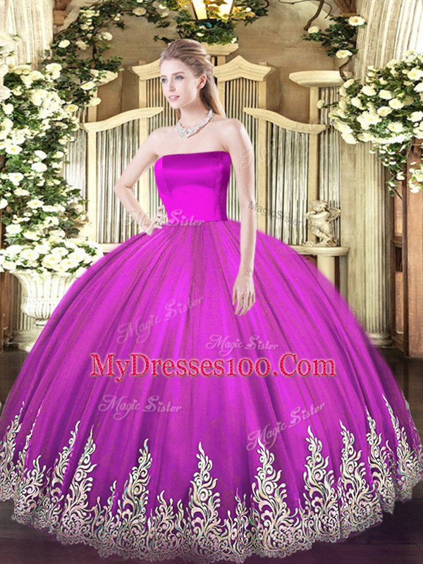 Strapless Sleeveless Tulle Sweet 16 Quinceanera Dress Appliques Zipper