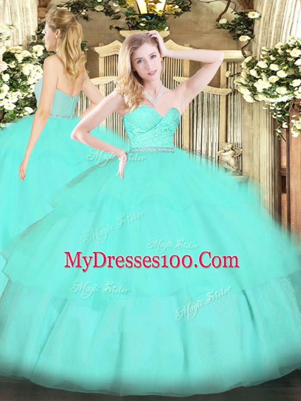 Deluxe Apple Green Tulle Zipper Sweet 16 Dress Sleeveless Floor Length Beading and Lace and Ruffled Layers