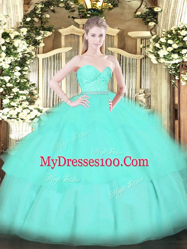 Deluxe Apple Green Tulle Zipper Sweet 16 Dress Sleeveless Floor Length Beading and Lace and Ruffled Layers