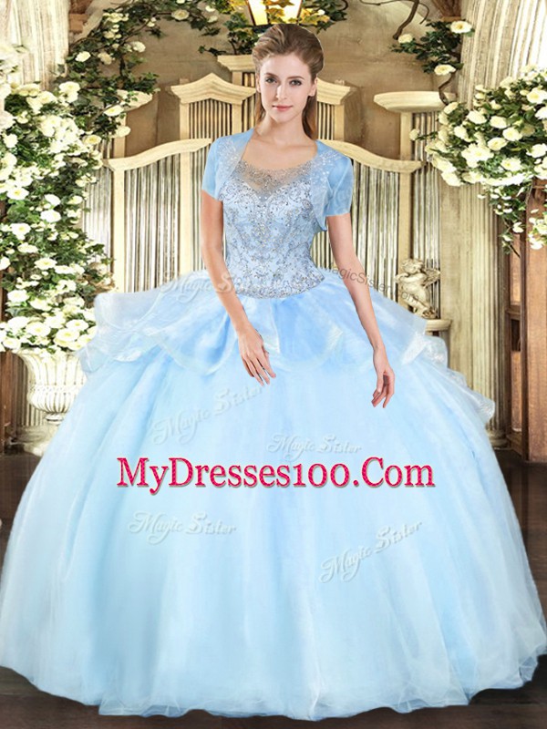 Floor Length Aqua Blue Quinceanera Gown Organza and Tulle Sleeveless Beading