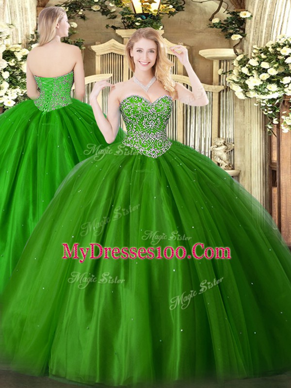 Green Tulle Lace Up Sweetheart Sleeveless Floor Length 15th Birthday Dress Beading