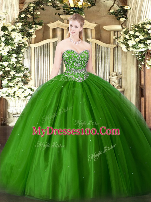 Green Tulle Lace Up Sweetheart Sleeveless Floor Length 15th Birthday Dress Beading