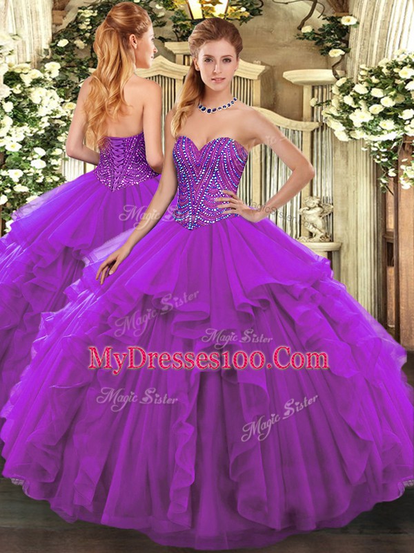 Artistic Eggplant Purple Sleeveless Tulle Lace Up Quinceanera Dresses for Military Ball and Sweet 16 and Quinceanera