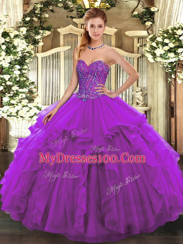 Artistic Eggplant Purple Sleeveless Tulle Lace Up Quinceanera Dresses for Military Ball and Sweet 16 and Quinceanera