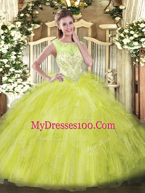 Scoop Sleeveless Zipper 15 Quinceanera Dress Yellow Green Organza