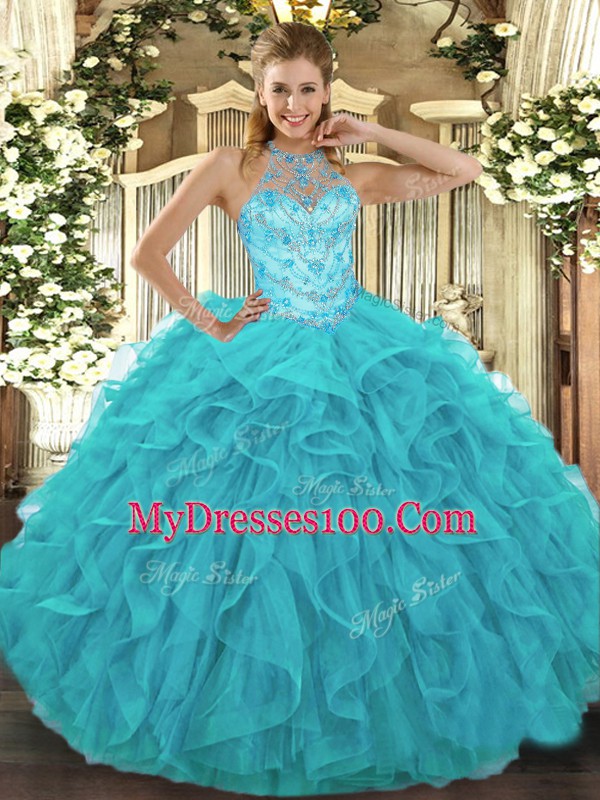 Ball Gowns Quinceanera Gowns Aqua Blue Halter Top Organza Sleeveless Floor Length Lace Up