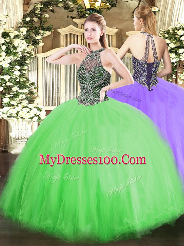 Custom Fit Tulle Lace Up Halter Top Sleeveless Floor Length Quince Ball Gowns Beading