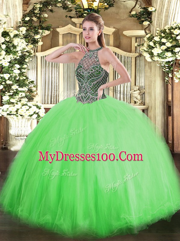 Custom Fit Tulle Lace Up Halter Top Sleeveless Floor Length Quince Ball Gowns Beading