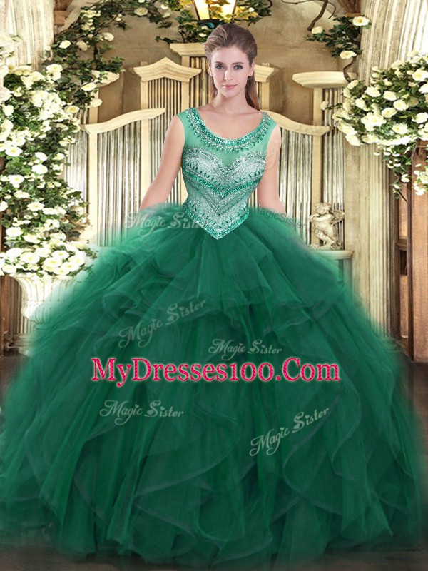 Scoop Sleeveless Lace Up Ball Gown Prom Dress Dark Green Tulle