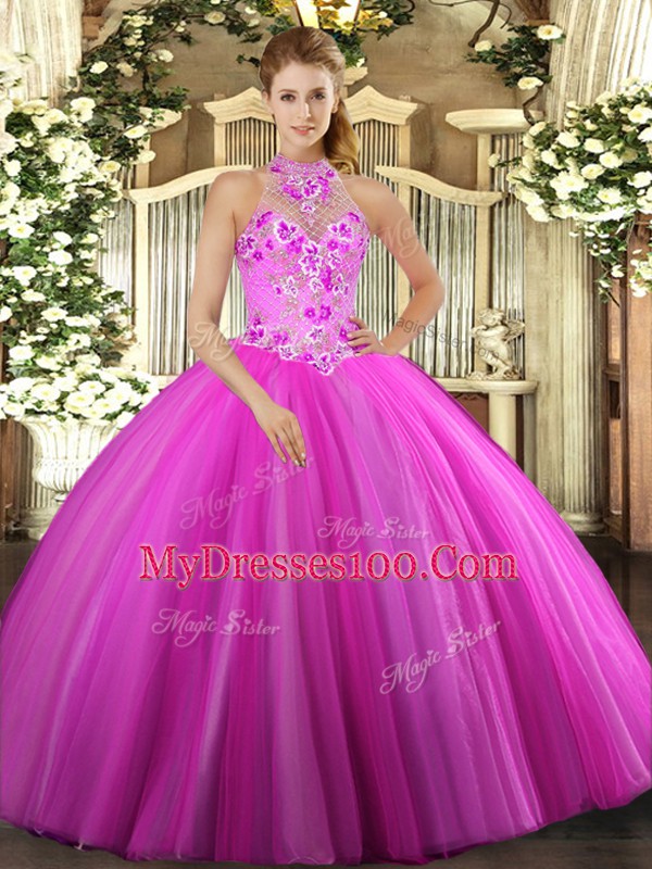 Nice Embroidery Sweet 16 Quinceanera Dress Fuchsia Lace Up Sleeveless Floor Length