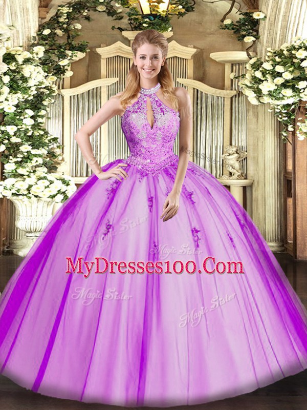 Tulle Halter Top Sleeveless Lace Up Lace and Appliques Vestidos de Quinceanera in Fuchsia