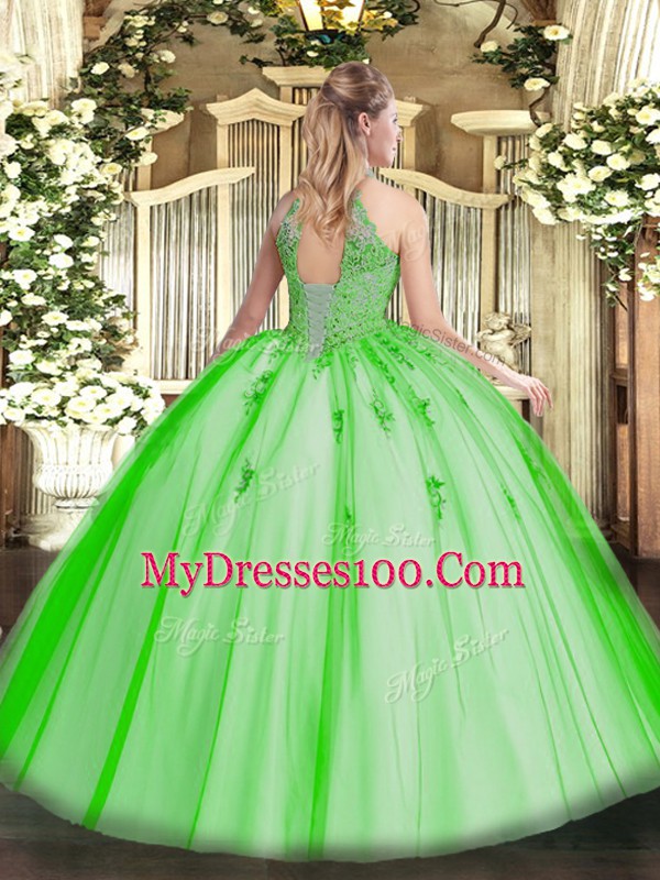 Tulle Halter Top Sleeveless Lace Up Lace and Appliques Vestidos de Quinceanera in Fuchsia