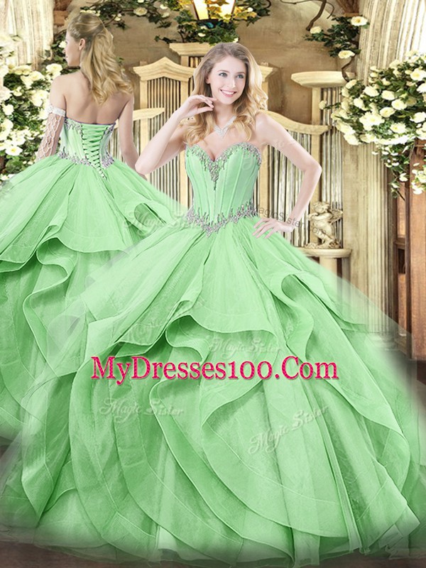 Green Tulle Lace Up Sweetheart Sleeveless Floor Length Ball Gown Prom Dress Beading and Ruffles