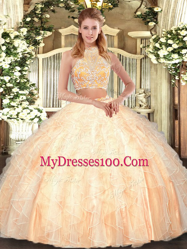 Elegant Peach Two Pieces Beading and Ruffles Quinceanera Gown Criss Cross Tulle Sleeveless Floor Length