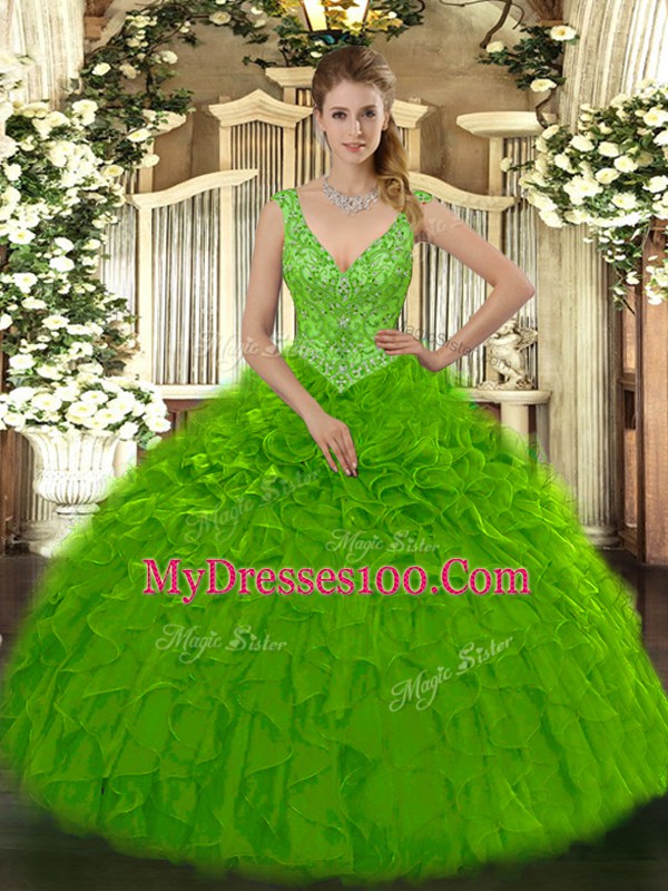 Floor Length Green Quince Ball Gowns Organza Sleeveless Beading and Ruffles