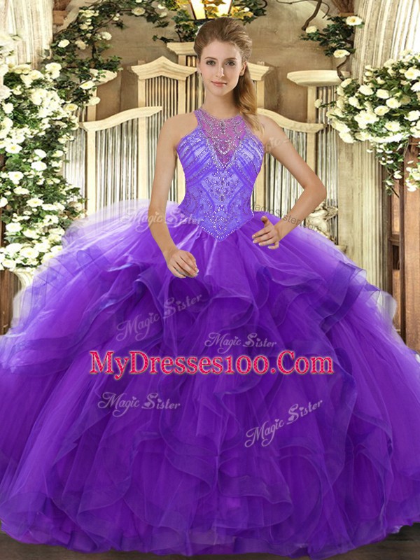 High-neck Sleeveless Lace Up Vestidos de Quinceanera Purple Organza