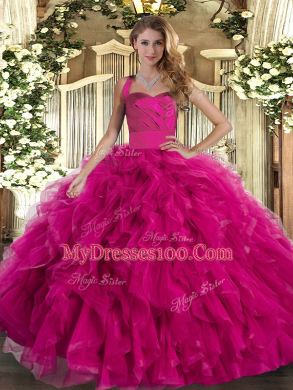 Amazing Fuchsia Lace Up Quinceanera Dress Ruffles Sleeveless Floor Length