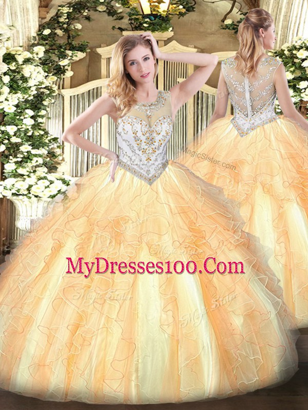 Ball Gowns Vestidos de Quinceanera Gold Scoop Tulle Sleeveless Floor Length Zipper