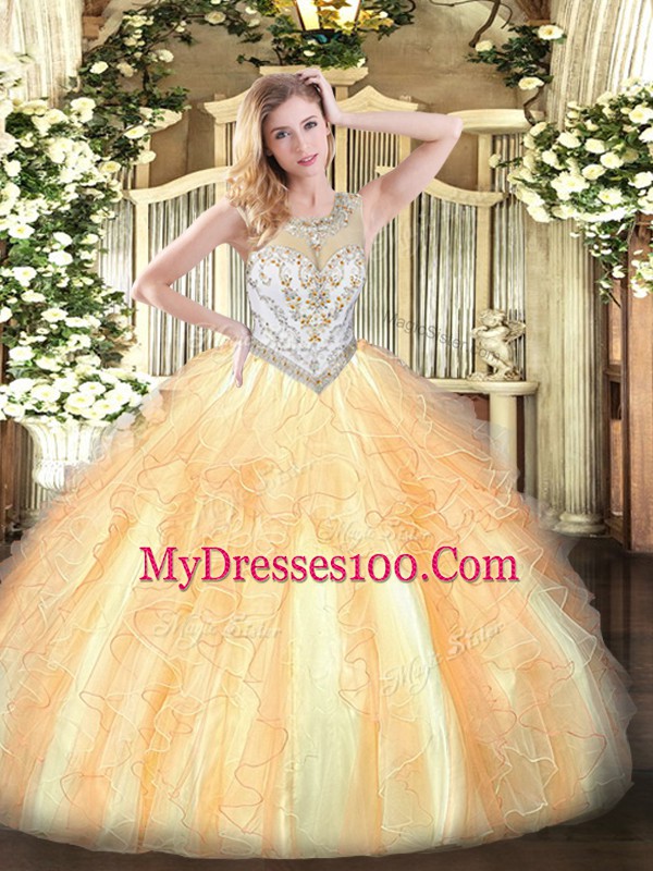 Ball Gowns Vestidos de Quinceanera Gold Scoop Tulle Sleeveless Floor Length Zipper