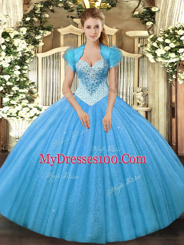 Aqua Blue Tulle Lace Up Sweet 16 Dresses Sleeveless Floor Length Beading