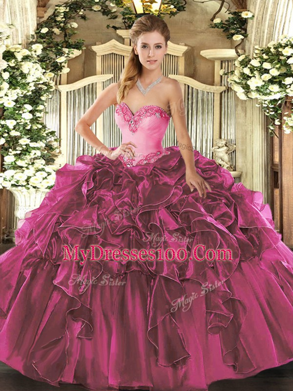 Colorful Organza Sweetheart Sleeveless Lace Up Beading and Ruffles 15 Quinceanera Dress in Fuchsia