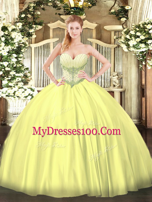 Beautiful Yellow Ball Gowns Satin Sweetheart Sleeveless Beading Floor Length Lace Up 15 Quinceanera Dress