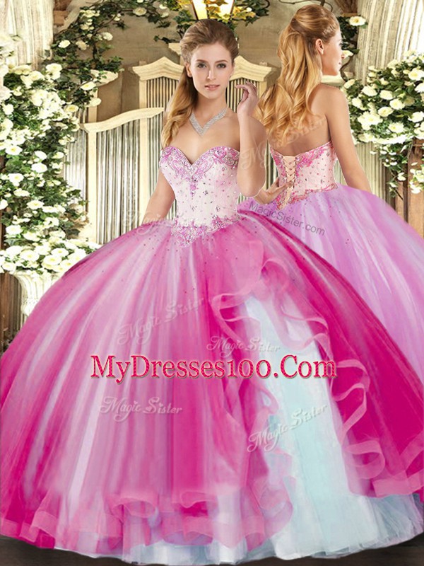 Attractive Floor Length Fuchsia Vestidos de Quinceanera Sweetheart Sleeveless Lace Up