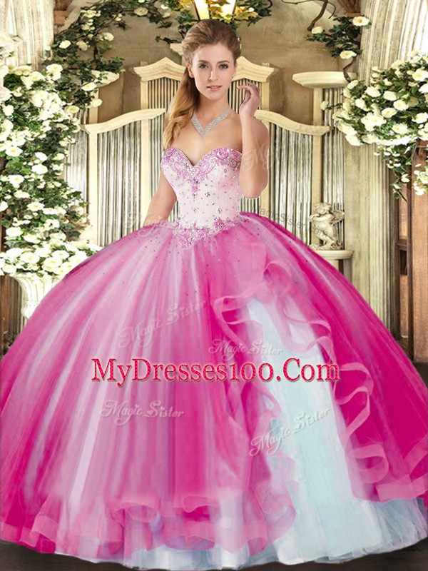 Attractive Floor Length Fuchsia Vestidos de Quinceanera Sweetheart Sleeveless Lace Up