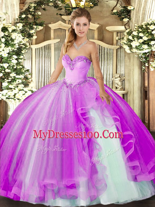 Floor Length Lace Up Ball Gown Prom Dress Lilac for Military Ball and Sweet 16 and Quinceanera with Beading and Ruffles