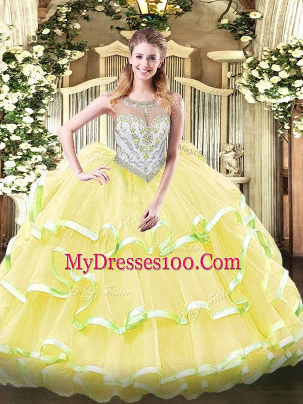 Fashionable Floor Length Zipper Sweet 16 Dresses Yellow Green and Light Yellow for Military Ball and Sweet 16 and Quinceanera with Beading and Ruffled Layers