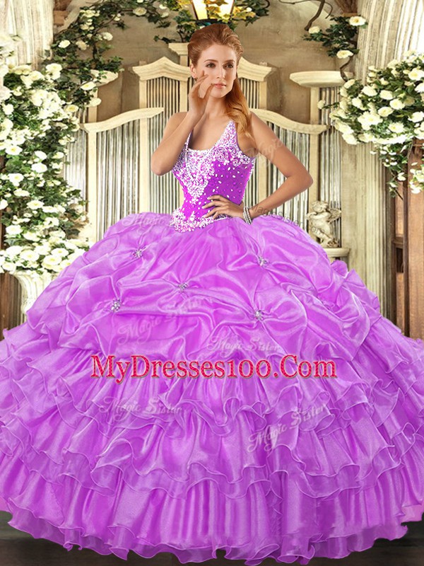 Lilac Sleeveless Organza Lace Up 15th Birthday Dress for Military Ball and Sweet 16 and Quinceanera