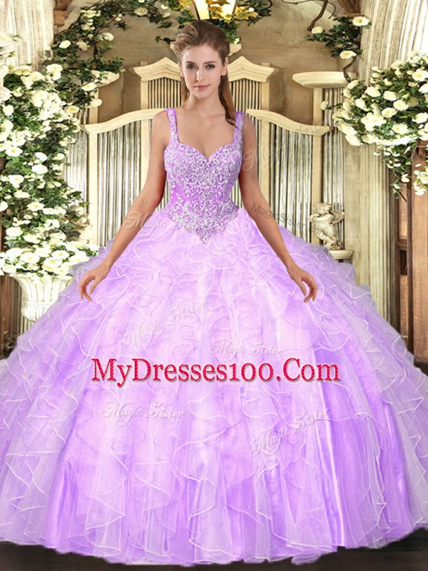 Tulle Straps Sleeveless Lace Up Beading and Ruffles Vestidos de Quinceanera in Lilac