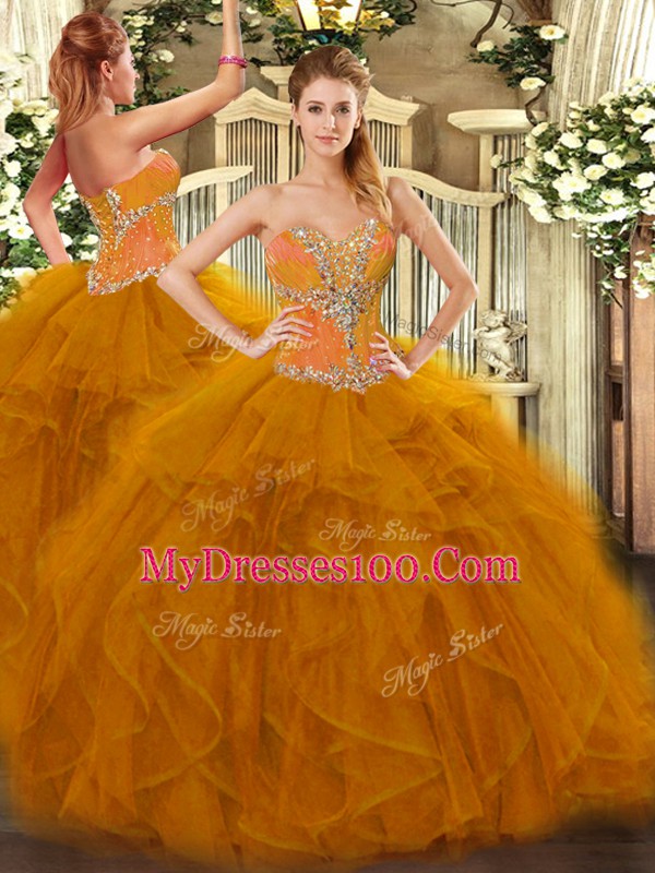 Ideal Brown Sleeveless Floor Length Beading and Ruffles Lace Up 15 Quinceanera Dress