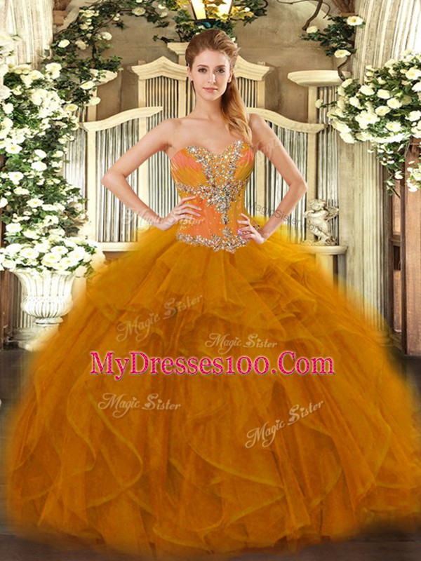 Ideal Brown Sleeveless Floor Length Beading and Ruffles Lace Up 15 Quinceanera Dress