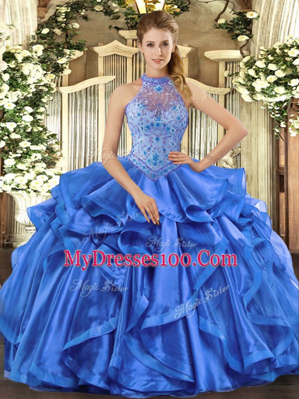 Blue Ball Gowns Organza Halter Top Sleeveless Beading and Embroidery and Ruffles Lace Up Quinceanera Dresses