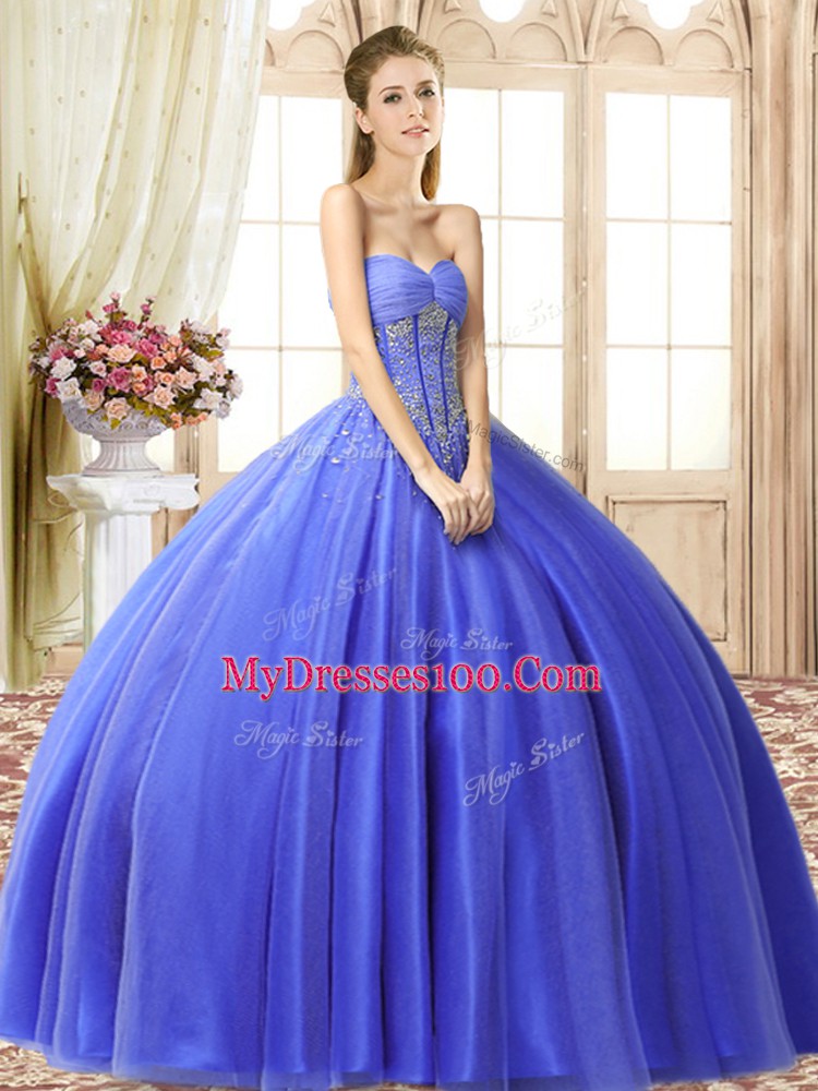 Pretty Blue Sleeveless Beading Floor Length Quinceanera Gowns