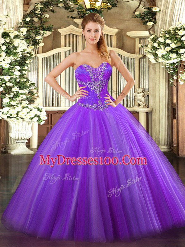 Luxurious Tulle Sweetheart Sleeveless Lace Up Beading Quince Ball Gowns in Eggplant Purple