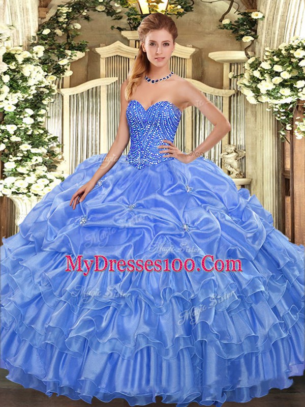 Beautiful Baby Blue Ball Gown Prom Dress Military Ball and Sweet 16 and Quinceanera with Beading and Ruffled Layers and Pick Ups Sweetheart Sleeveless Lace Up