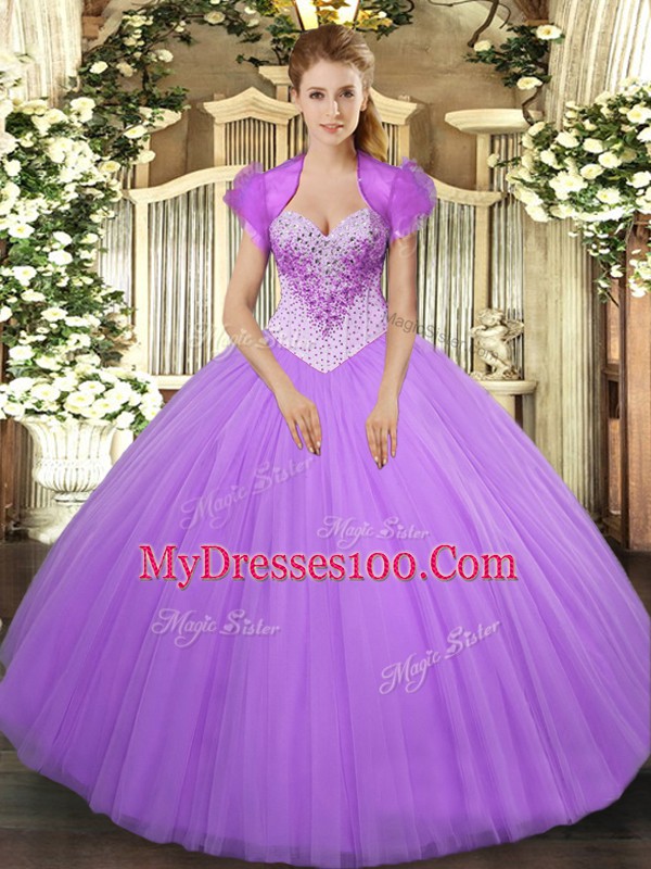 Dramatic Lavender Sleeveless Beading Floor Length Quinceanera Gown