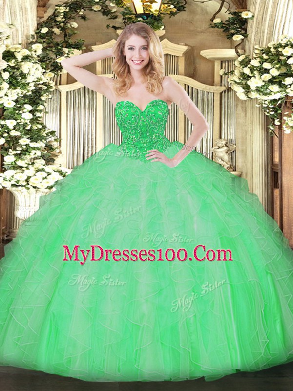 Smart Apple Green Ball Gown Prom Dress Military Ball and Sweet 16 and Quinceanera with Ruffles Sweetheart Sleeveless Lace Up