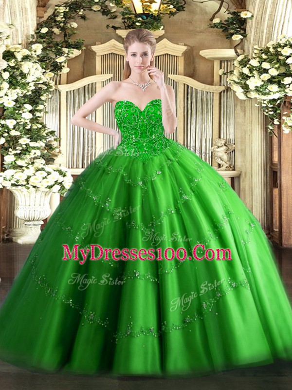 Sweetheart Sleeveless Lace Up Quinceanera Gown Green Tulle