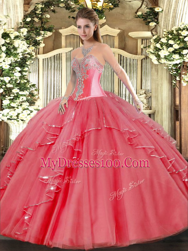 Sumptuous Sleeveless Tulle Floor Length Lace Up Sweet 16 Quinceanera Dress in Coral Red with Beading and Ruffles